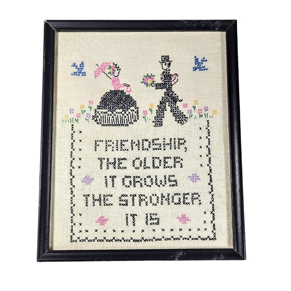 Antique Cross Stitch Embroidered Sampler Framed 9x11 On Linen